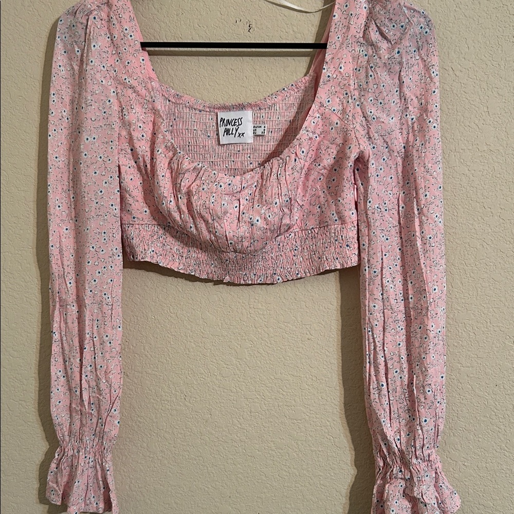 Princess Polly Light Pink Ditsy Floral Long-Sleeve Cropped Top Concert Festival